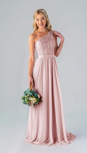 LANGKAAO Women's One Shoulder Bridesmaid Dress Long A-Line Lace Chiffon Party Gown