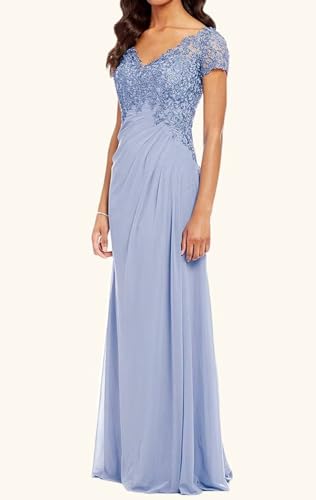 POMUYOO Women's Sleeve Evening Gown with V-Neck Lace Appliqué