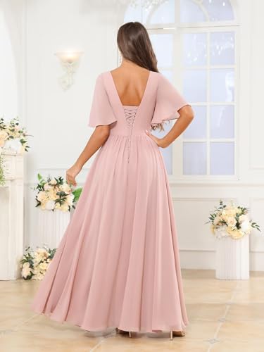 Sukleet Women's V-Neck Flutter Sleeve Bridesmaid Dress Long Ruffled Chiffon Formal