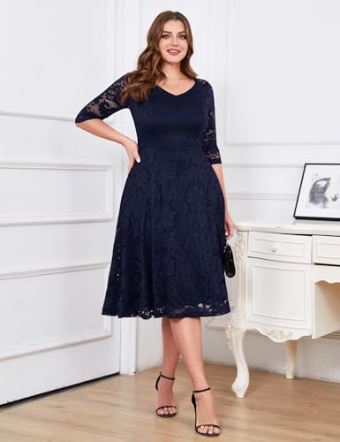 Dressystar Women's Long-Sleeve Midi Lace Formal Dress for Wedding Guest Prom Party