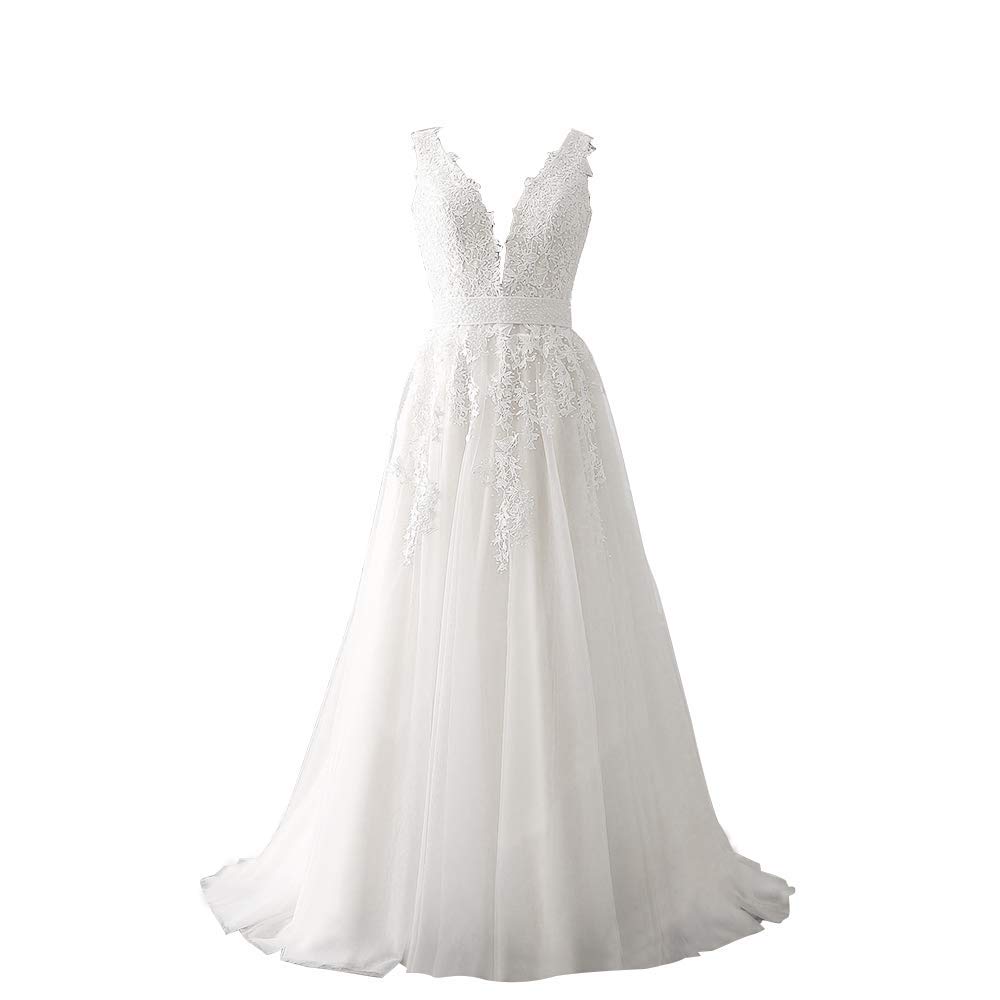 Abaowedding Women's Lace V-Neck Evening Wedding Dress Straps Ball Gown