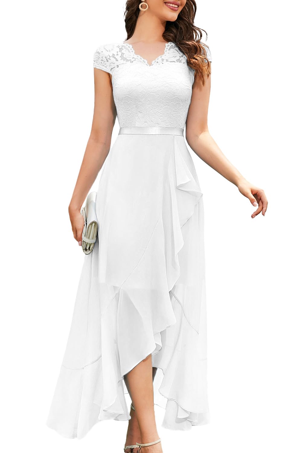 Bbonline Women's V-Neck Hi-Lo Floral Lace Prom Dress for Wedding Guest