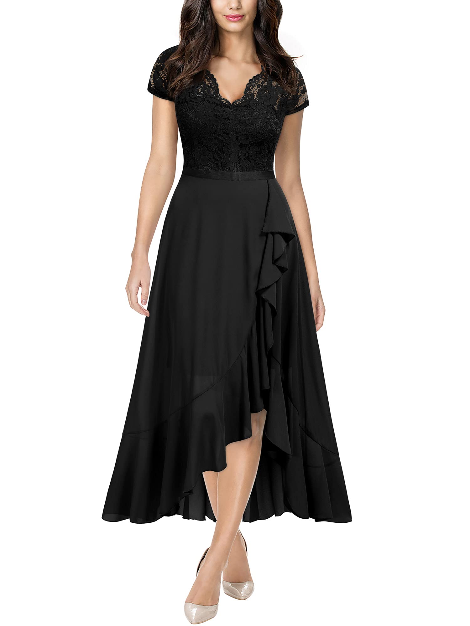 Miusol Women's Elegant V-Neck Lace Ruffle Maxi Dress