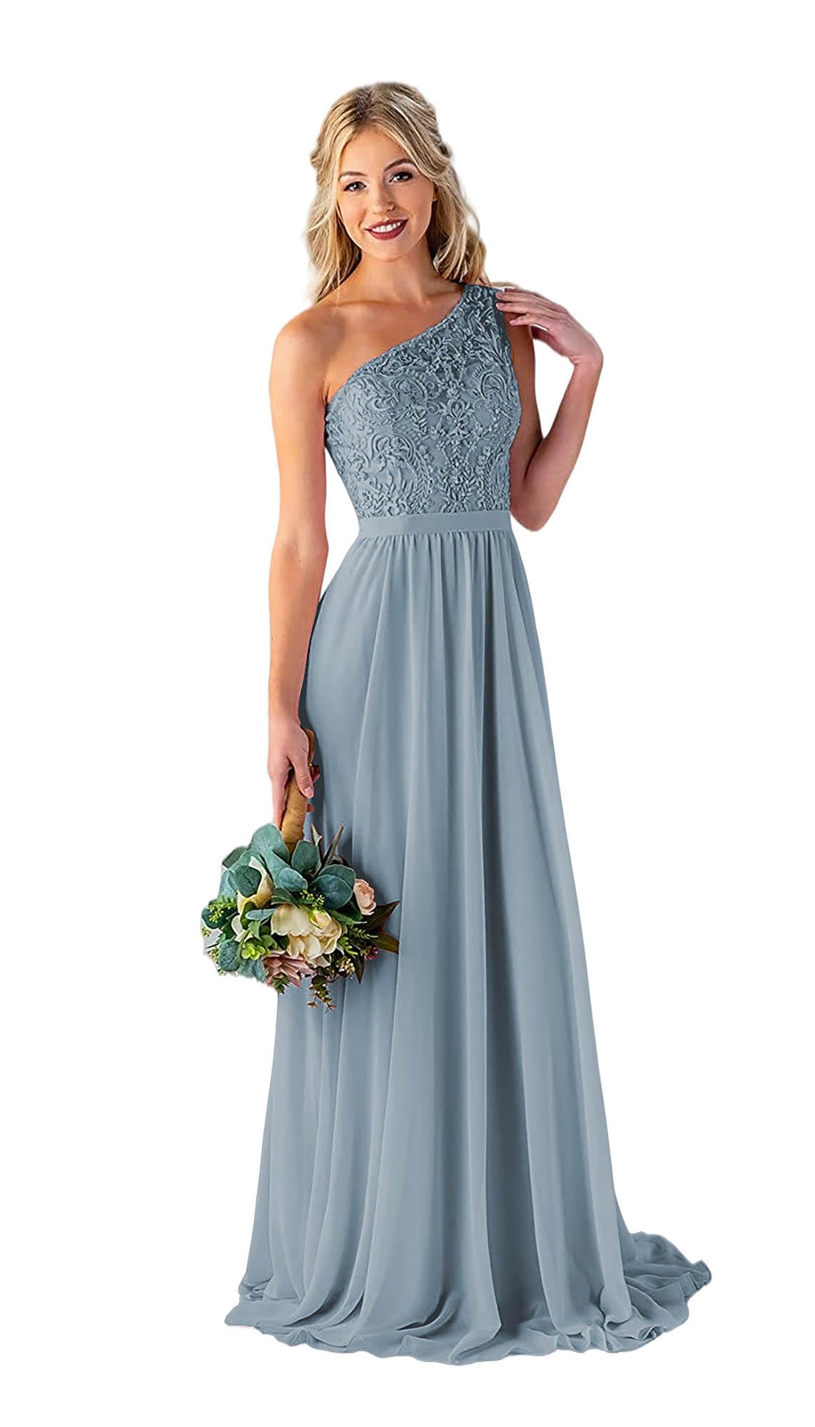 LANGKAAO Women's One Shoulder Bridesmaid Dress Long A-Line Lace Chiffon Party Gown