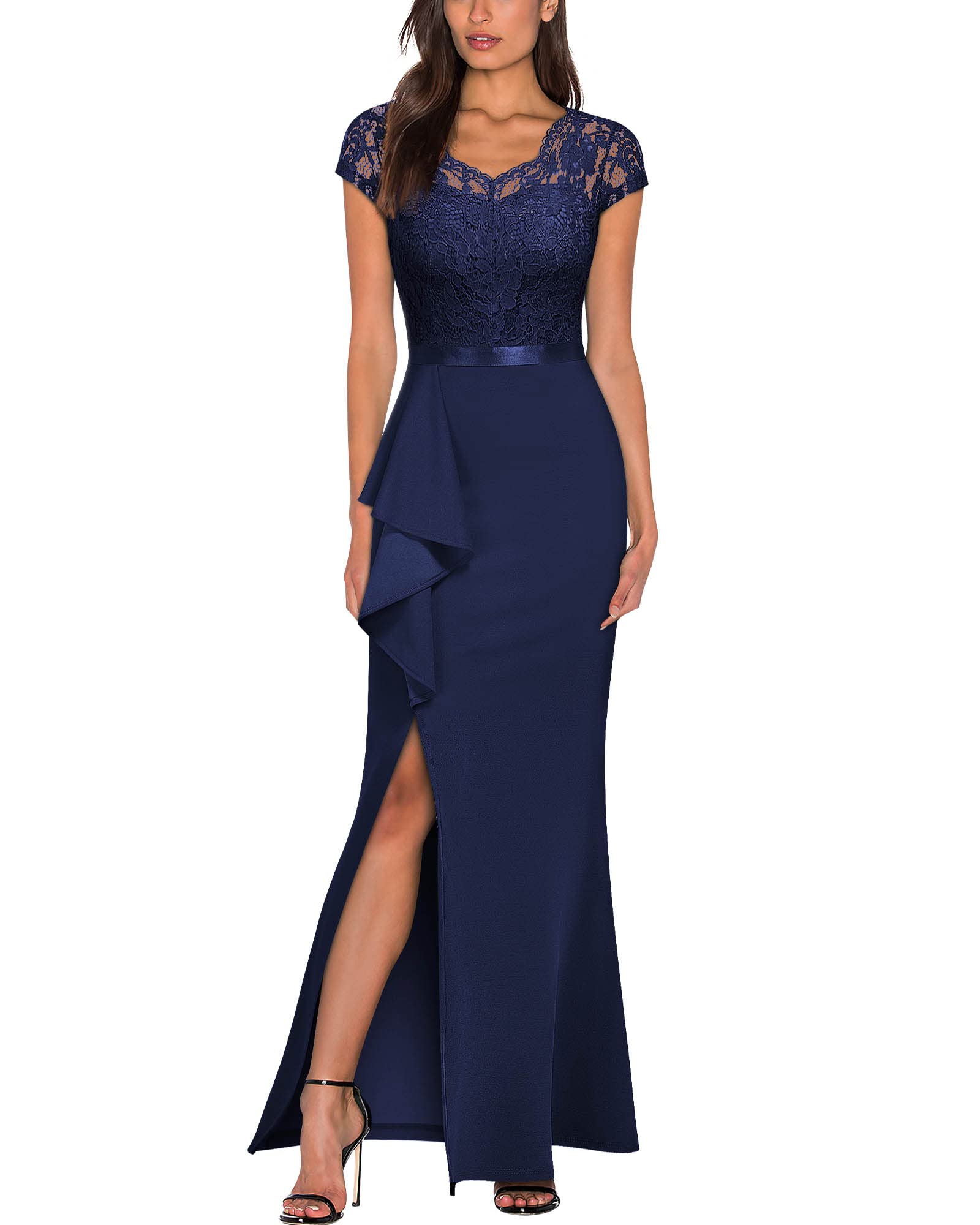 MISSMAY Women's Retro V-Neck Lace Split Evening Formal Long Dress