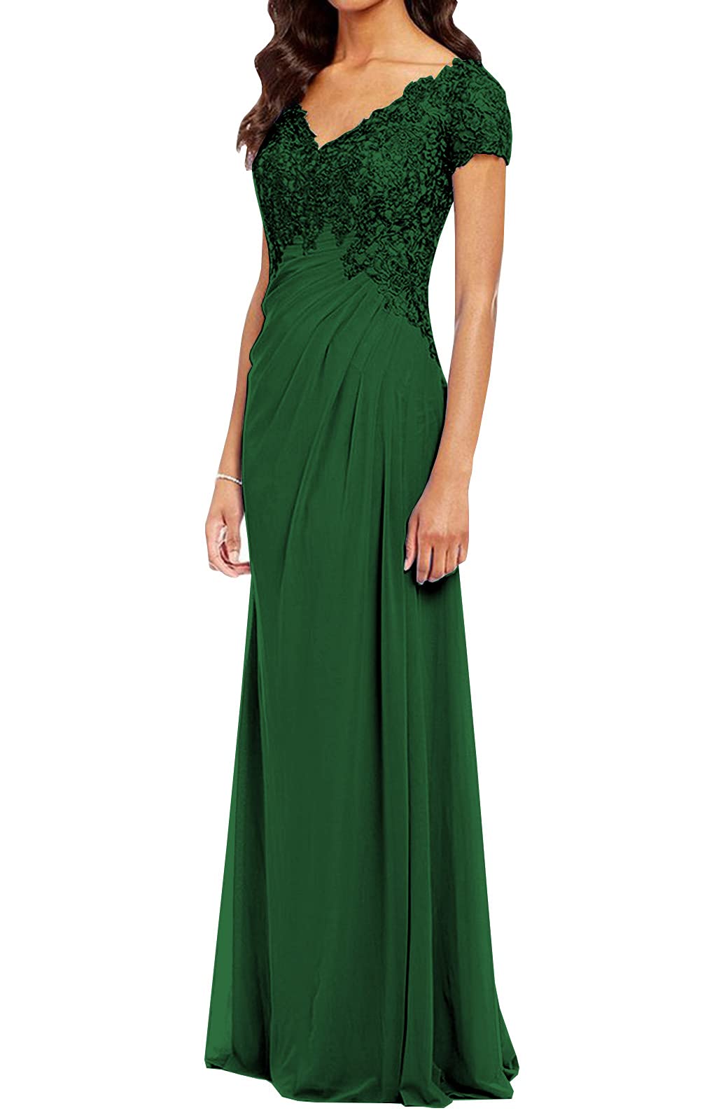 POMUYOO Women's Sleeve Evening Gown with V-Neck Lace Appliqué