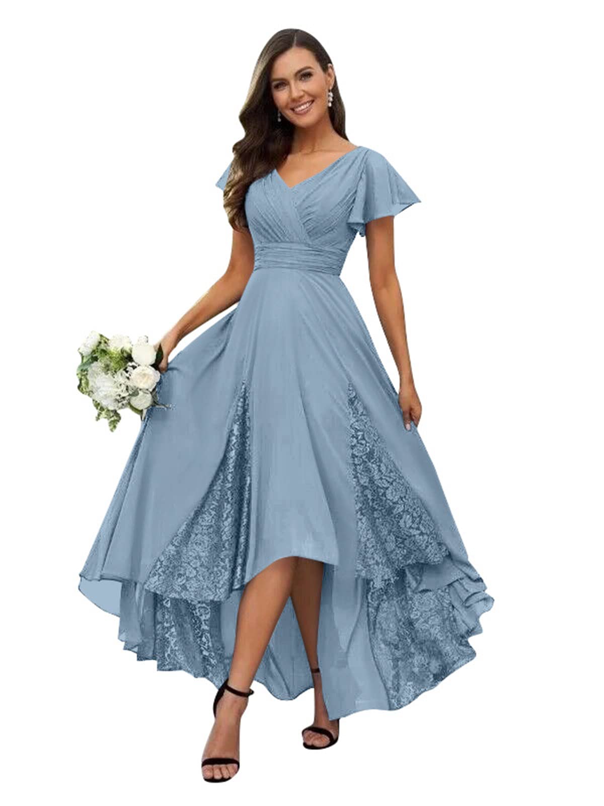 Petyoo Tea-Length Mother of the Bride Dresses 2025 Lace Chiffon Formal Gown with Ruffle Sleeves