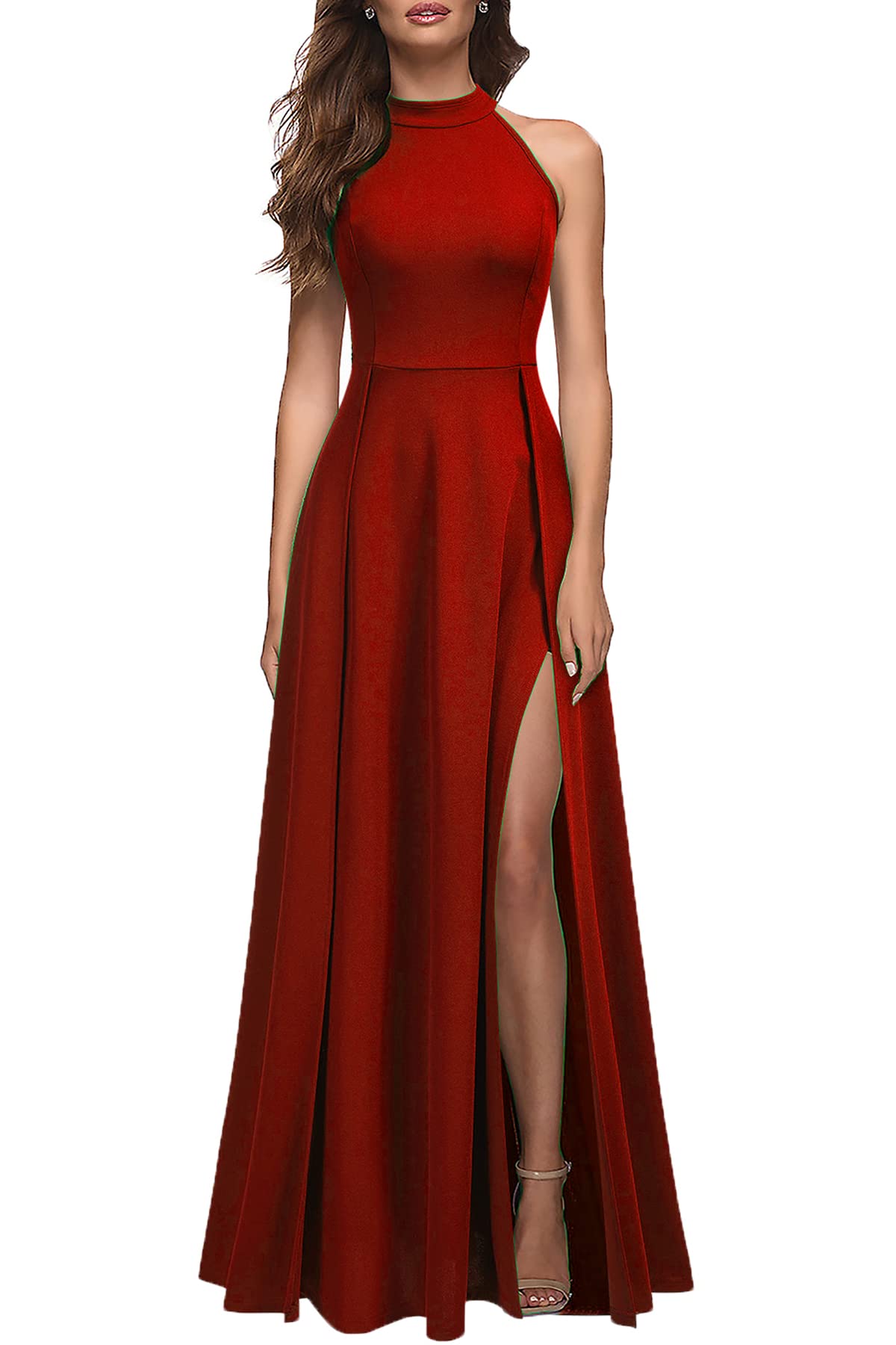 MUSHARE Women's Halter Neck Split Cocktail Party Maxi Long Formal Dress
