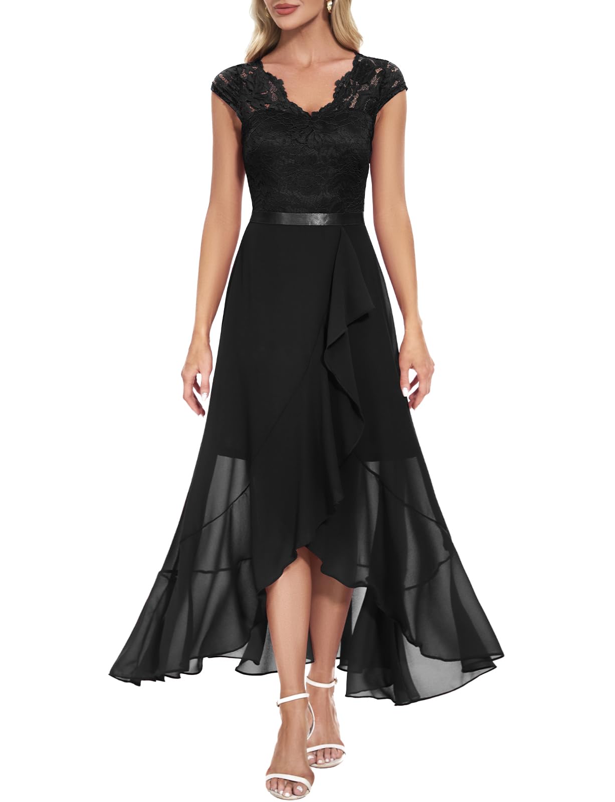 Bbond Floral Lace V-Neck Prom Dress for Wedding Guest & Formal Occasions