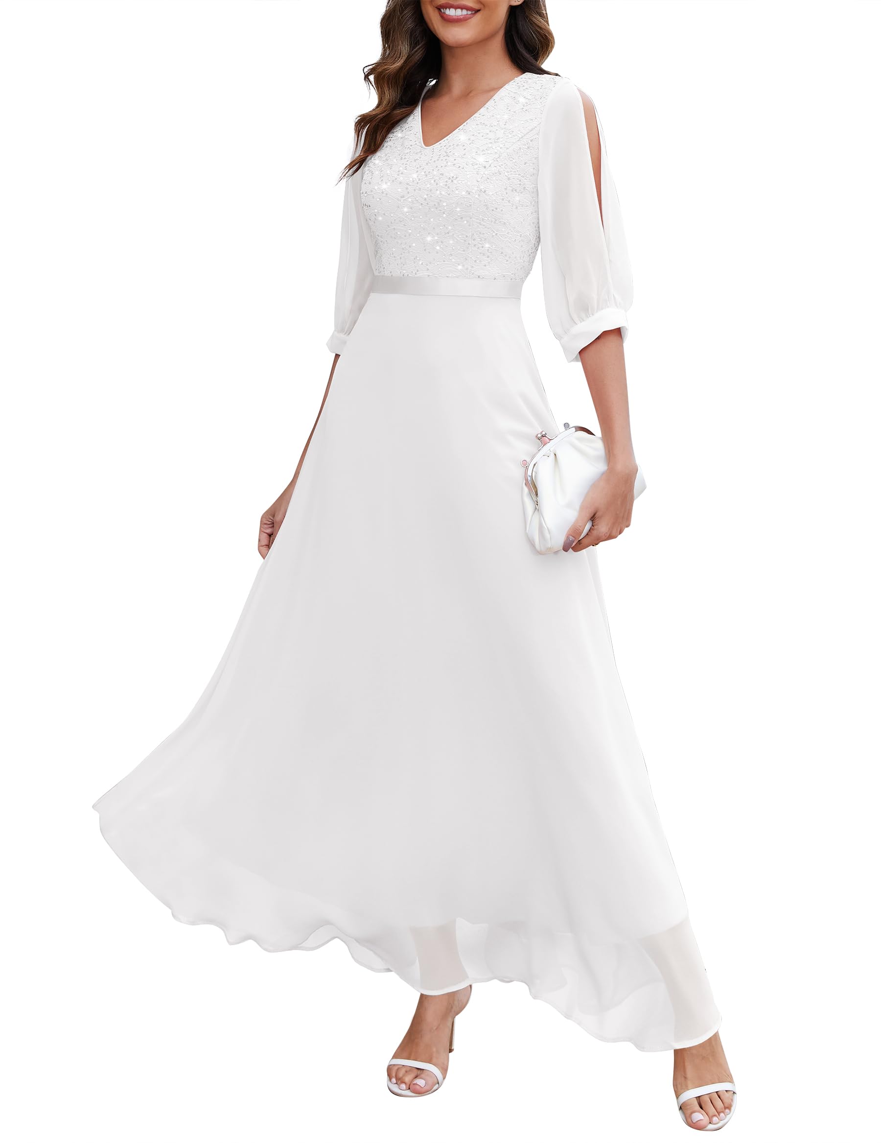 Wedtrend Women's Sparkly Sequin Maxi Dress with Split Sleeves