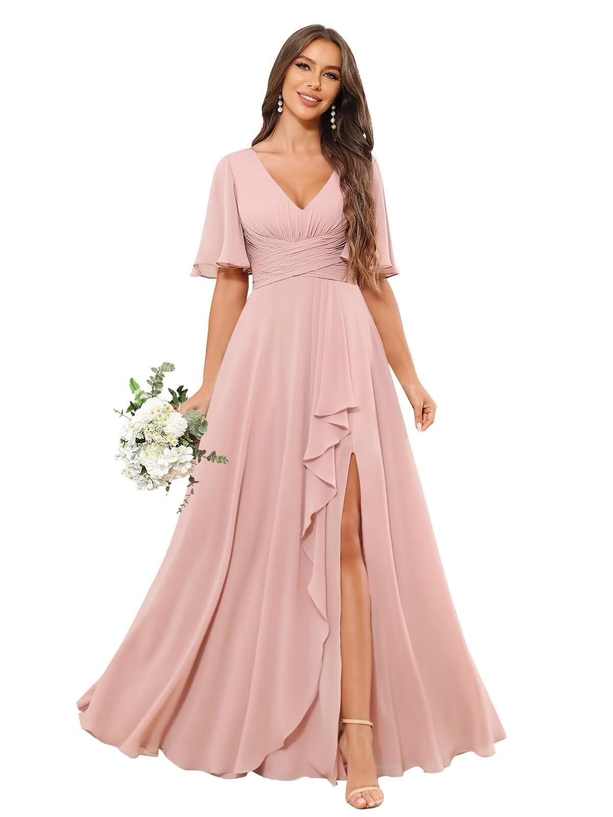 Sukleet Women's V-Neck Flutter Sleeve Bridesmaid Dress Long Ruffled Chiffon Formal