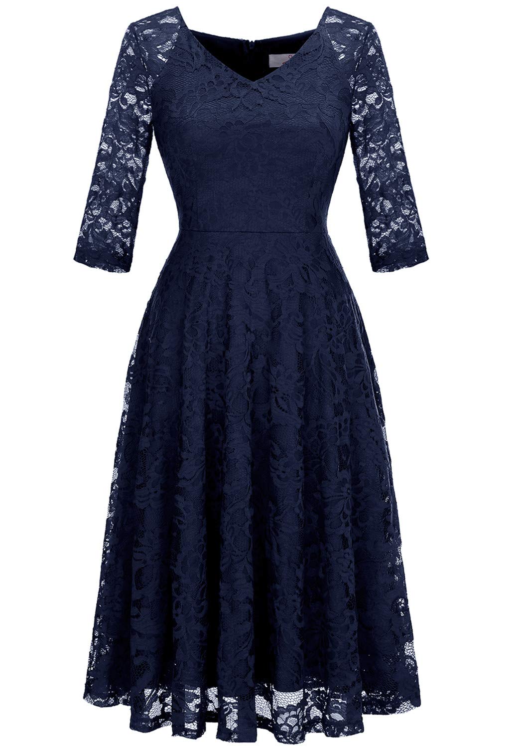 Dressystar Women's Long-Sleeve Midi Lace Formal Dress for Wedding Guest Prom Party