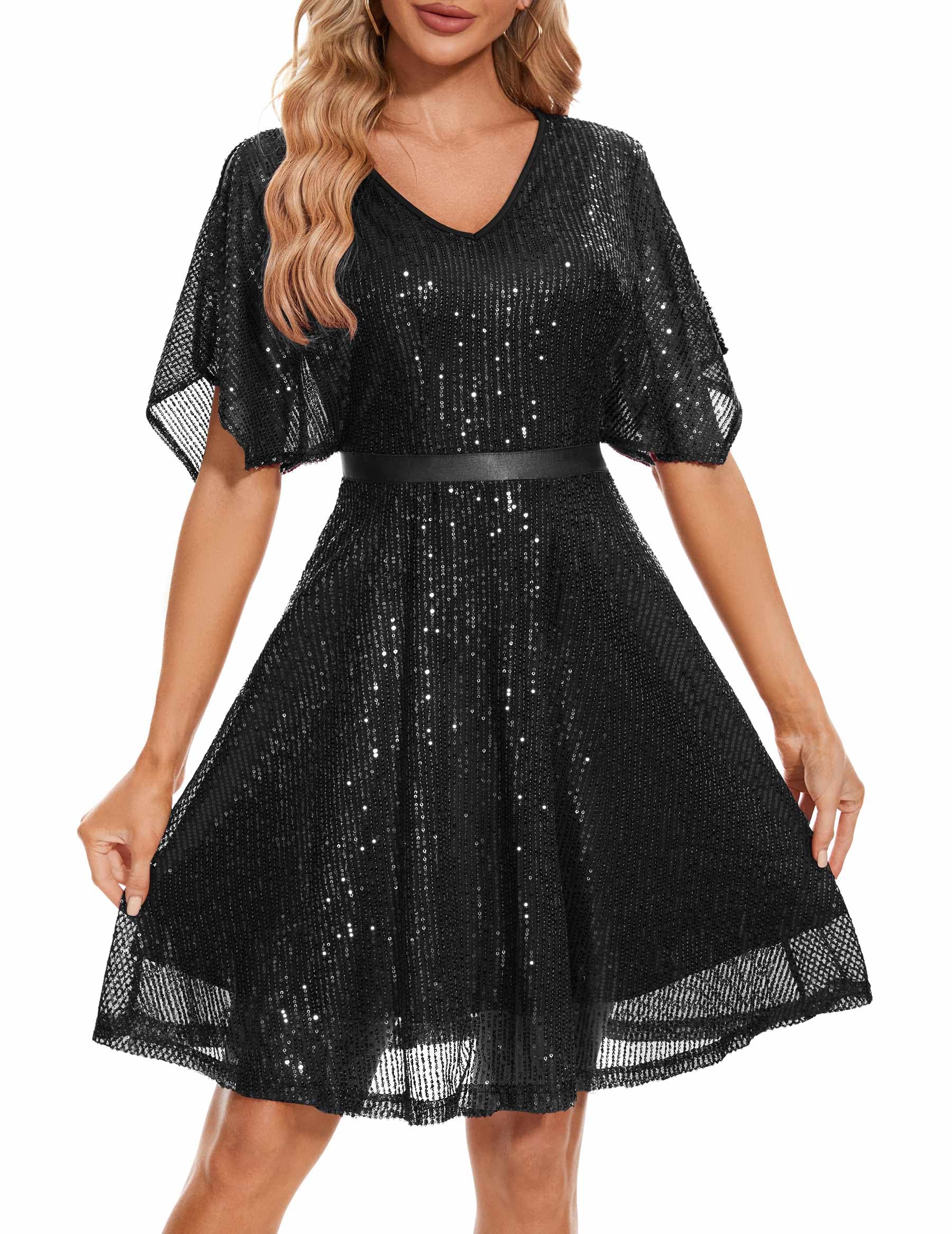 Wedtrend Black Sequin V-Neck A-Line Prom & Bridesmaid Dress