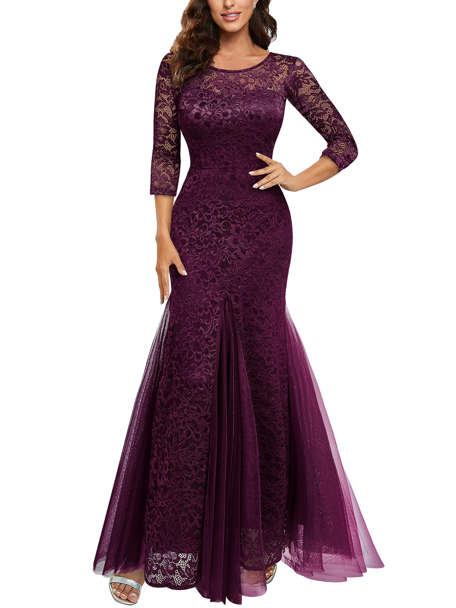 Miusol Women's Floral Lace 2/3 Sleeve Mermaid Evening Maxi Dress