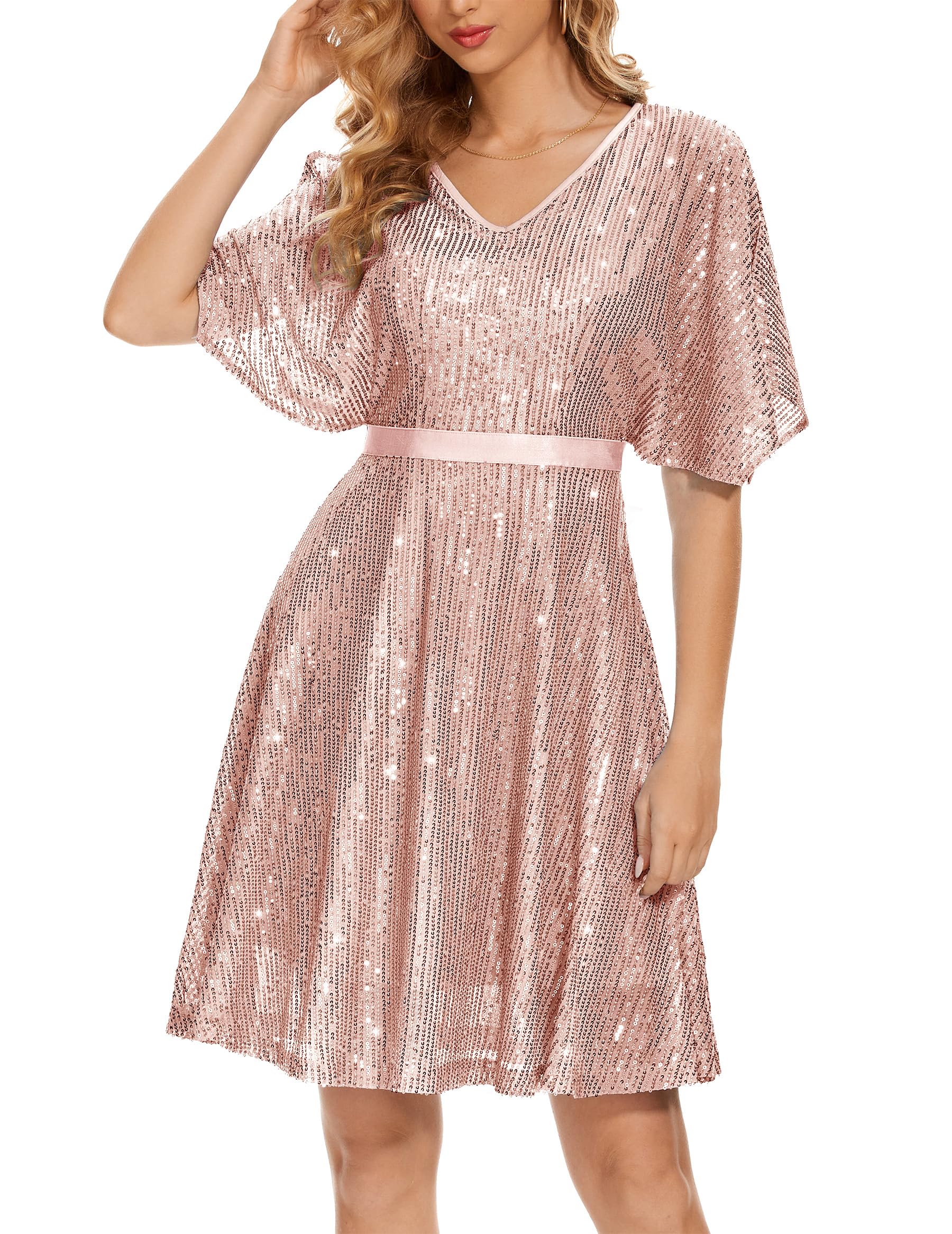 Sparkly Sequin Bat Sleeve Cocktail Dress